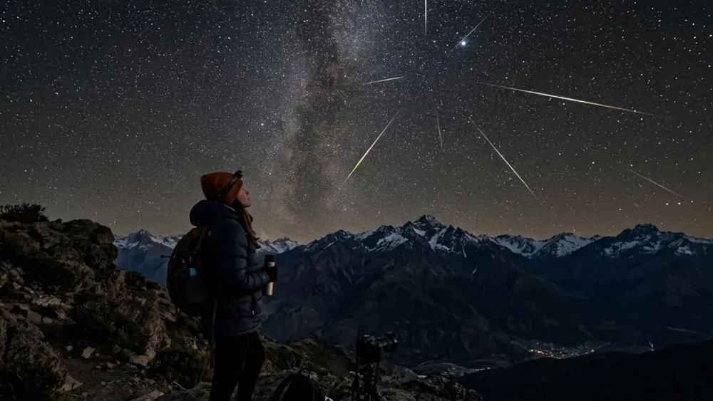 Persona observando el cielo nocturno en un lugar oscuro y despejado durante la lluvia de meteoros Líridas en Chile.