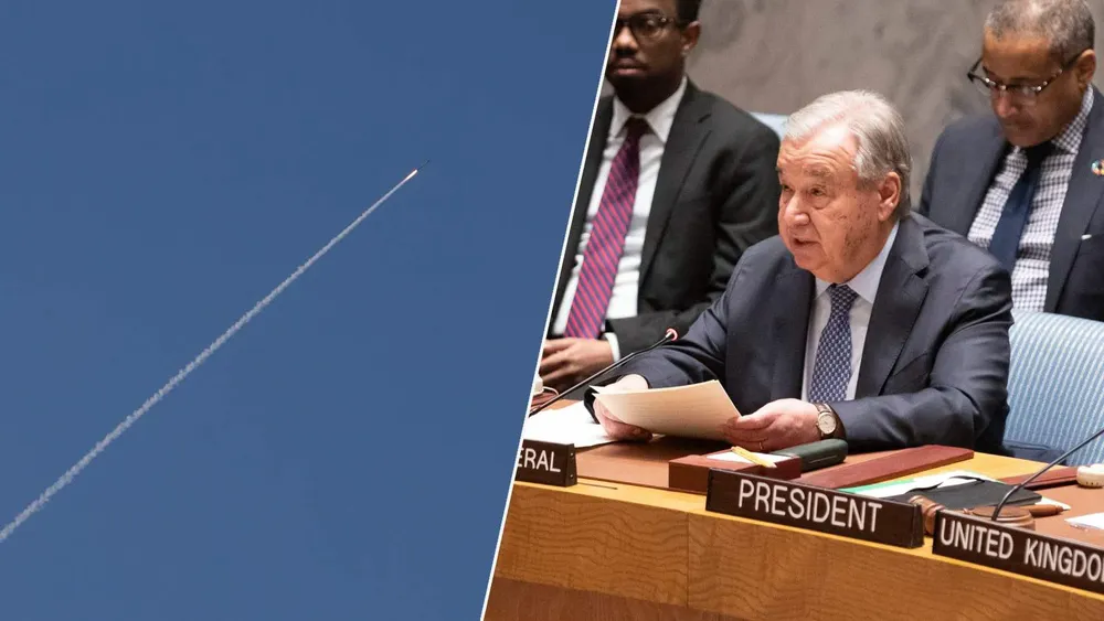 Presidente de la Onu y un misil al otro lado de la imagen del conflicto en Irán